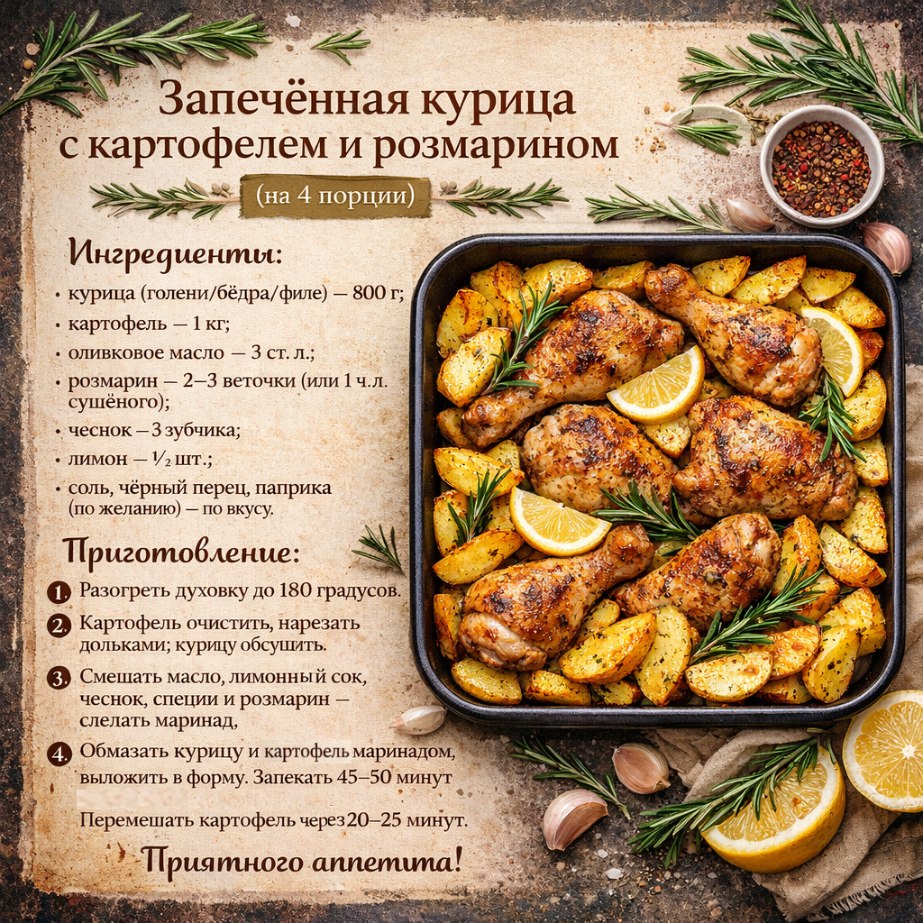 Запечённая курица с картофелем и розмарином: сытный ужин на 4 порции