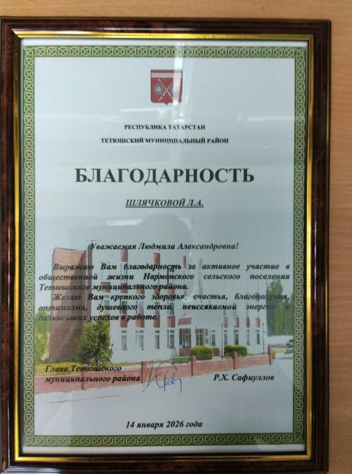 Библиотекарь Шлячкова удостоена благодарности главы Тетюшского района
