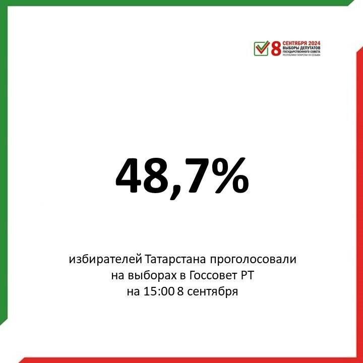 ЦИК РТ: К 15 часам явка на выборах в Госсовет Татарстана составила 48,7%