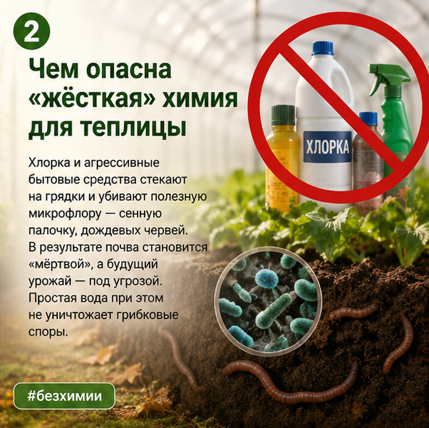 Чем опасна «жёсткая» химия для теплицы. Фото сгенерировано с помощью ИИ