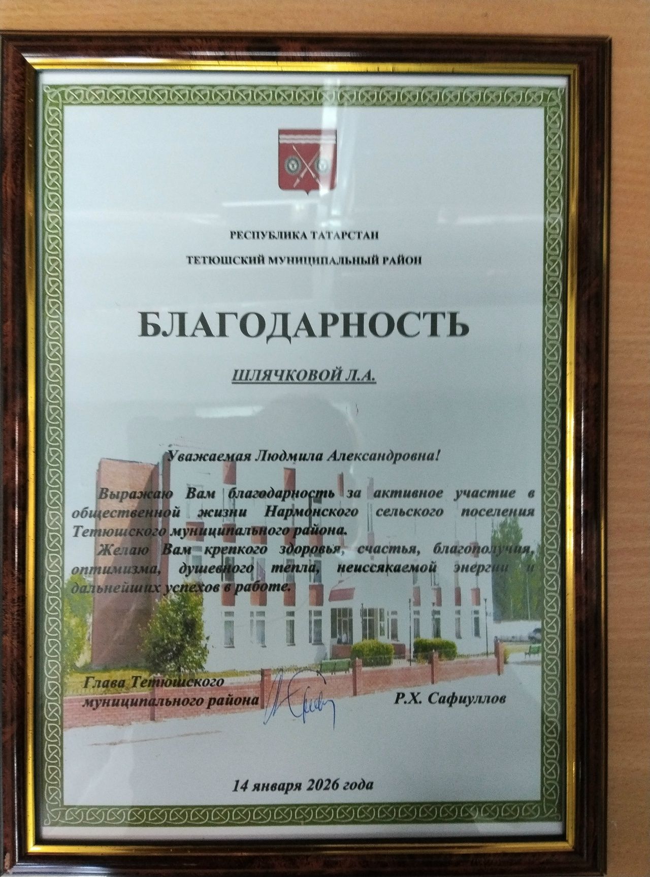 Библиотекарь Шлячкова удостоена благодарности главы Тетюшского района