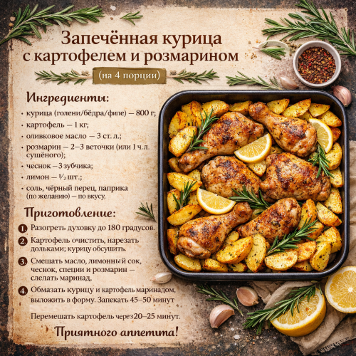 Запечённая курица с картофелем и розмарином: сытный ужин на 4 порции