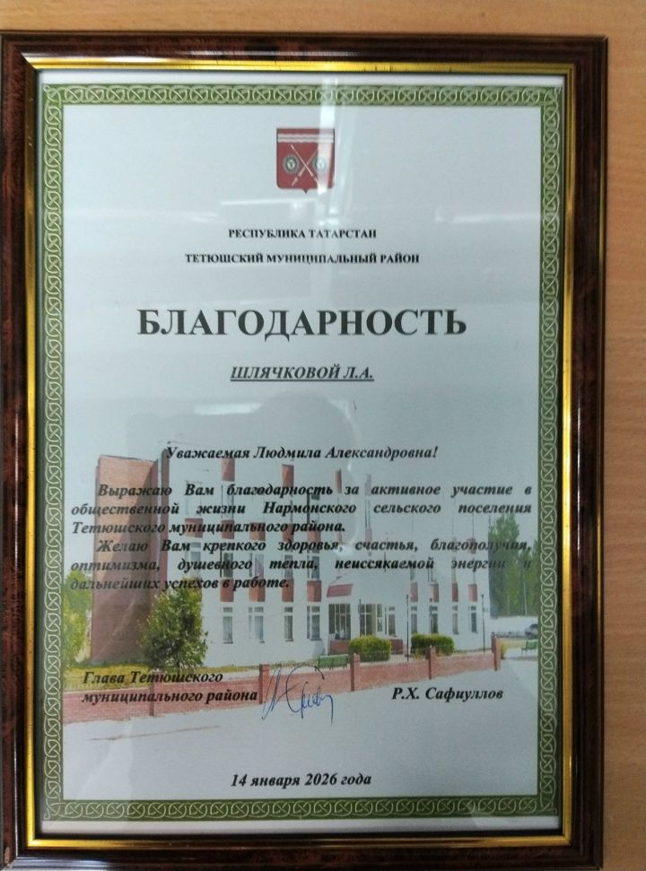 Библиотекарь Шлячкова удостоена благодарности главы Тетюшского района